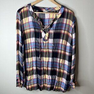 Talbots Blouse Top Popover Tunic Womens 2X Plaid Lace Up Western Country Granola